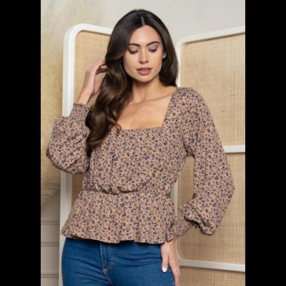 5⭐ Mocha disty floral square neck smocked babydoll bishop sleeve top - Picture 3 of 11